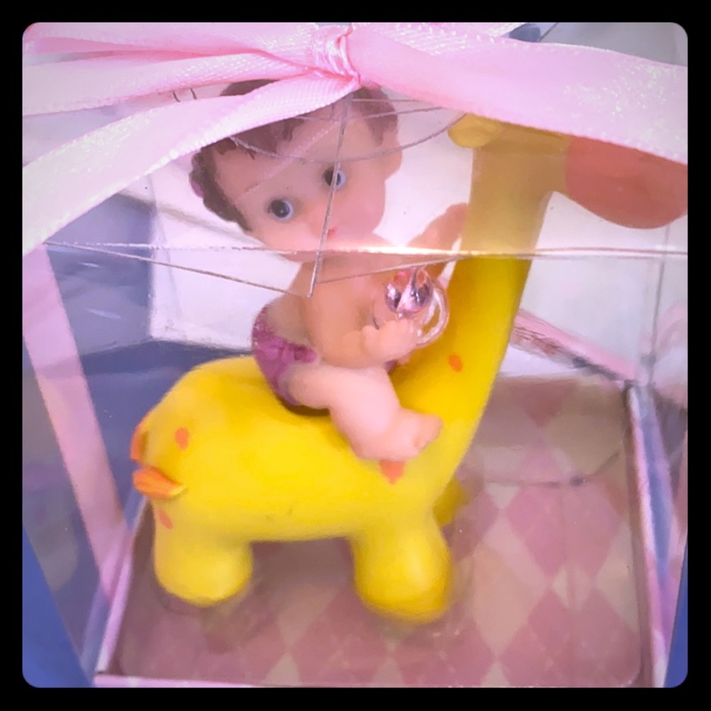 Cake topper baby  girl on giraffe with pacifier